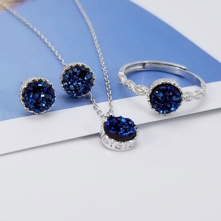 Huali S925 Silver Fashion Set Female Ins Simple Inlaid Agate Crystal Bud Jewelry Necklace Ring Earring Set