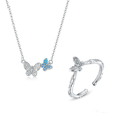 Hot Style Butterfly Necklace  Ring Set Fashion S925 Platinum Plated Two-Piece Jewelry Set