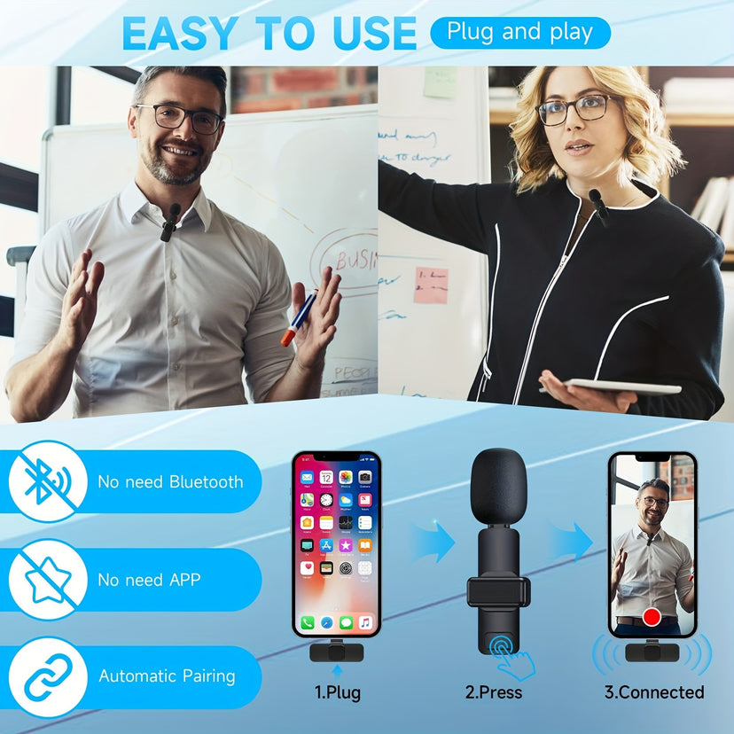 Wireless Lavalier Lapel Microphone For IPhone IPad Professional Wireless Clip Mic - Cordless Omnidirectional Condenser Recording Mic For Interview Video Podcast Vlog YouTube