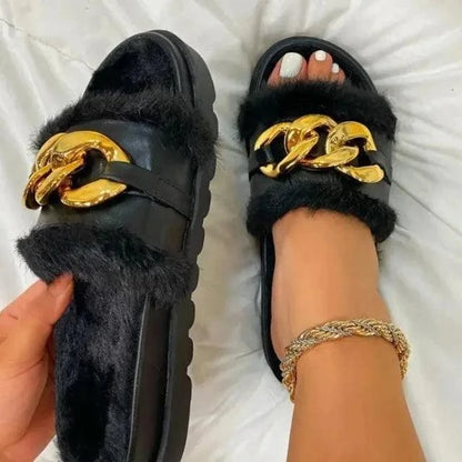 2023 Winter Plush Slippers Fashion Open Toe Solid Color Women's Sandals Metal Chain Outdoor Casual Women's Shoes  Fashion Shoes - BeautySecretPlus